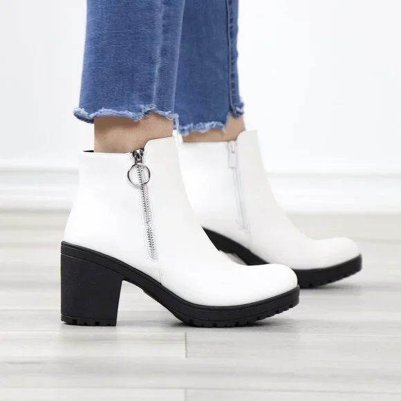 White Ankle Boots Chunky Lug Block Heel Synthetic Leather Round Toe - Picture 4 of 12